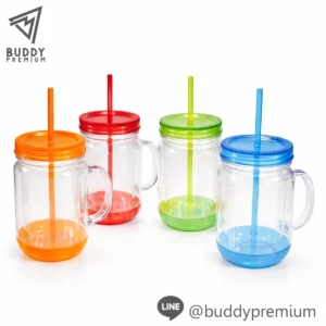 แก้วน้ำพลาสติก 2 ชั้น PWB138 รวม 4 สีสดใส พร้อมหูจับและหลอด