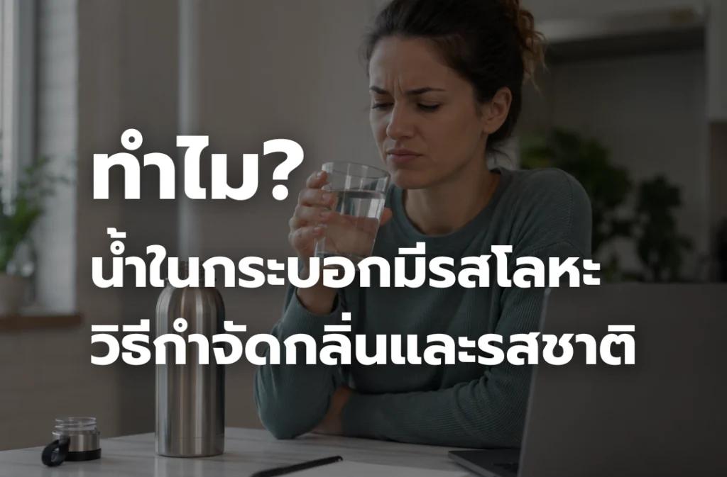 ผู้หญิงกำลังดื่มน้ำจากกระบอกน้ำสแตนเลสที่อาจมีกลิ่นและรสโลหะ
