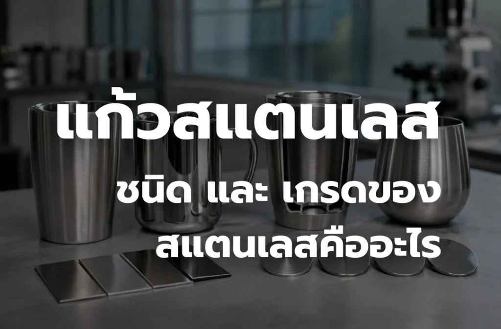แก้วสแตนเลสหลายรูปแบบ พร้อมตัวอย่างผิวโลหะและโครงสร้างภายในของแก้วสองชั้น